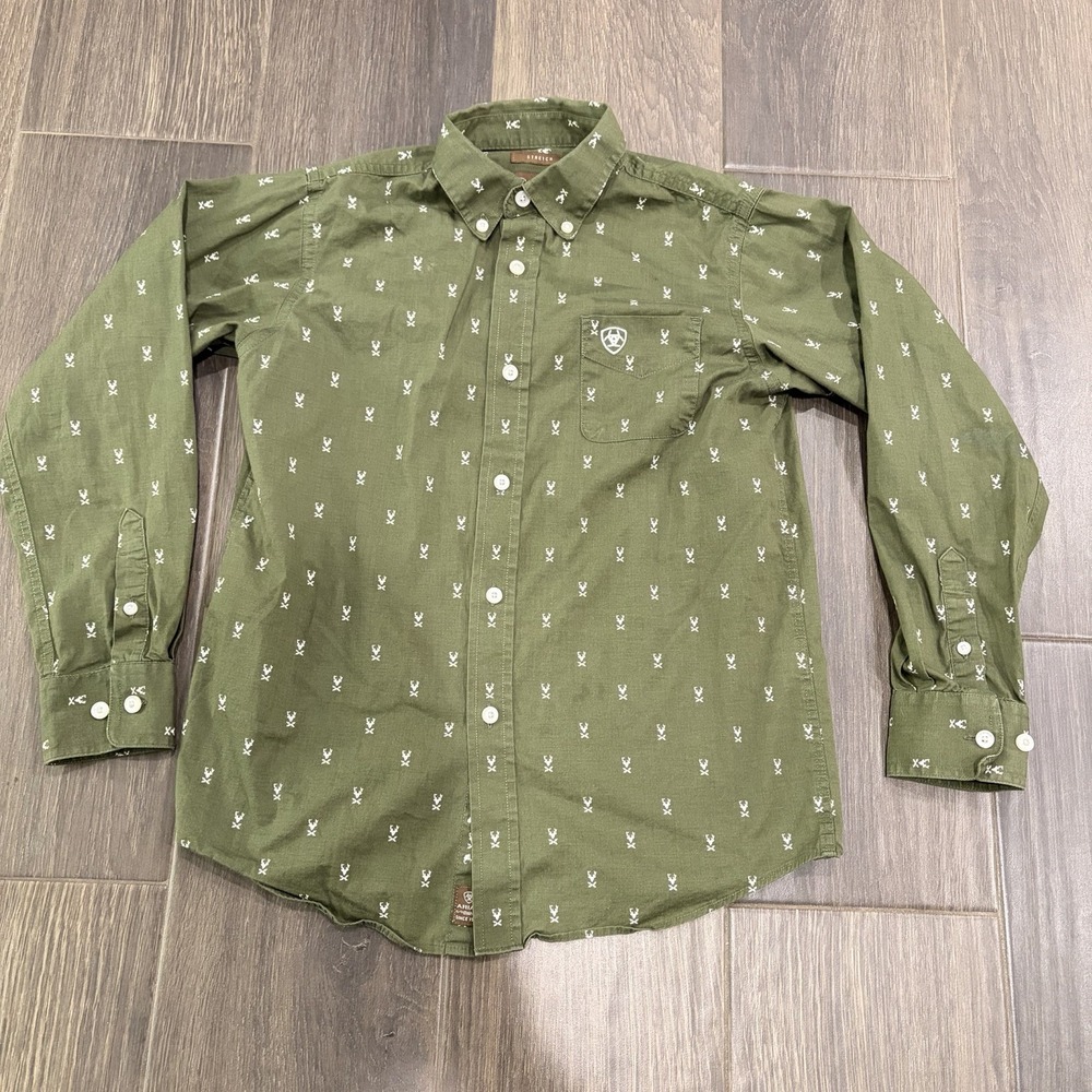 Ariat Boys Stretch Bertel Steer Print Button Down Long Sleeve Shirt Size Medium